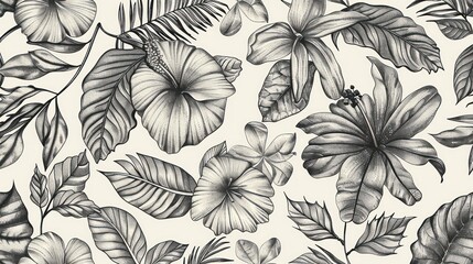 Nature farming theme, Black white botanical leaves flowers pattern design illustration background.