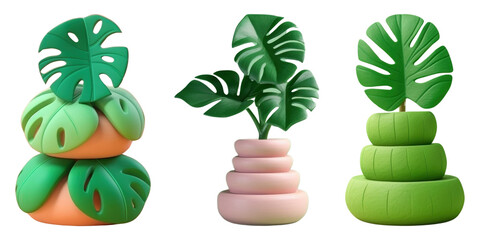 Wall Mural - 3D monsteras pooted plant set