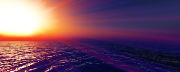 Wall Mural - sunset sea sun ray clear sky. 3d rendering