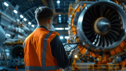 Engineer in an orange signal vest holding a tablet, overseeing a technician working on a turbine, demonstrating modern aviation practices, focus on