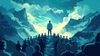 © Digital Artistry Den - Inspiring leader delivering a powerful speech to a dedicated team motivating them to work together collaborate and reach their full potential Featuring a silhouette figure standing atop a mountain