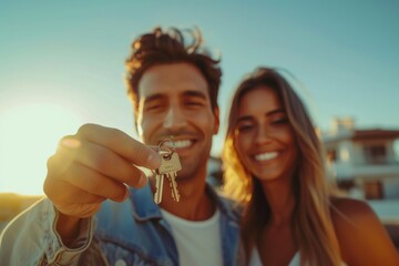 Young couple holding key to their new house outdoors smiling for the camera