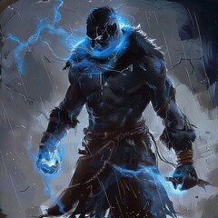 Wall Mural - dark warrior with blue aura on his all body