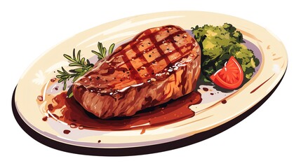 steak dinner flat design side view gourmet meal cartoon drawing colored pastel