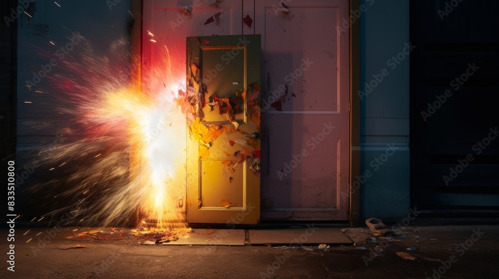 Exploding Side Door door exploding modern door with sparks, dusk, bold colors, colorful ...