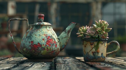 Succulent plant with old metal teapot and ceramic cup on a wooden table.