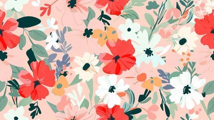 Wall Mural - Flower wallpaper flat design top view photographic theme cartoon drawing colored pastel . Seamless Pattern, Fabric Pattern.