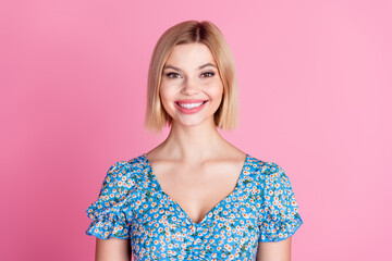 Sticker - Photo of pretty young girl beaming smile good mood wear top isolated on pink color background