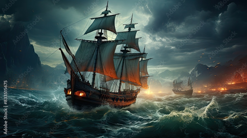 Digital artwork depicting a grand sailing ship navigating through ...