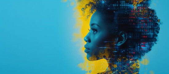 Wall Mural - AI cyber hacking concept banner. Black female cyberspace security IT specialist analysing data threats. African american ai robot, side profile. Blue and yellow copy space. 