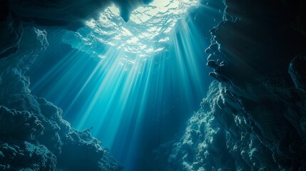 Wall Mural - Thecave in deep sea underwater, deep blue water with light shining through above a large dark hole in rocky ground