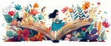 Fototapeta Uliczki - Young woman opening a huge open book surrounding the many flowers, leaves, plants. Back to school, library concept design. Poster and banner Book festival concept
