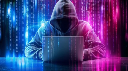 Hacker in a hoodie typing on a laptop with lines of code and security warnings on the screen - cybersecurity breach