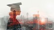 © jakapong - A double exposure image of a student holding a diploma, with a university campus superimposed in the background.