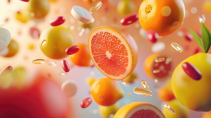 Wall Mural - A colorful assortment of pills and fruit are scattered across a white background