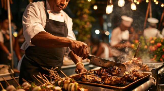 A chef carving grilled chicken at a live cooking station, serving guests at a catered event.