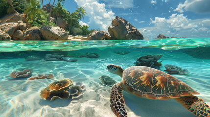 Tropical landscape with turtles and sea fishes
