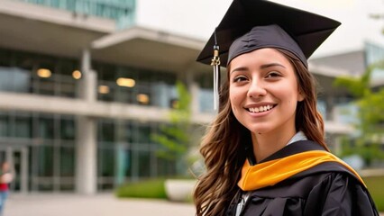 Wall Mural - A woman wearing a graduation cap and gown, celebrating her university graduation.