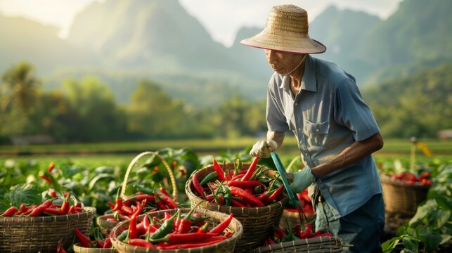 A farmer harvesting ripe chili peppers from a field, with baskets overflowing with fresh produce.