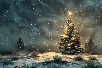 Christmas Tree in Snowy Forest