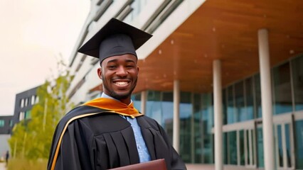 Wall Mural - A smiling graduate wearing a cap and gown holds a diploma while standing in front of a contemporary university building on a sunny day.