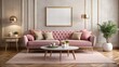 © Bounpaseuth - pink sofa, retro wooden table, mock up poster frame, decoration , carpet and personal accessories in elegant home decor