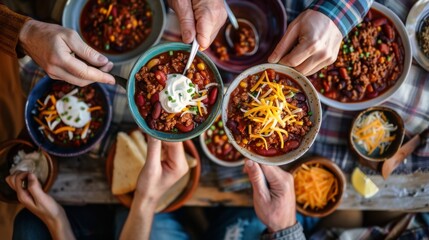 Wall Mural - A group of friends enjoying spicy chili con carne served in colorful bowls, topped with cheese and sour cream.