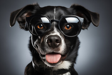 Wall Mural - Dog wearing sunglasses. Happy dog with sunglasses. Portrait of smiling dog wearing sunglasses. Happy pet concept