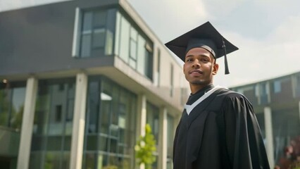 Wall Mural - A proud graduate wearing a cap and gown smiles while standing in front of a modern university building during a daytime graduation ceremony.