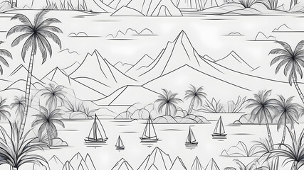 Wall Mural - One line drawing tropical oasis island seamless pattern. Abstract landscape background with mountains, sea, coconut palm tree, yacht, birds continuous art. Generative AI