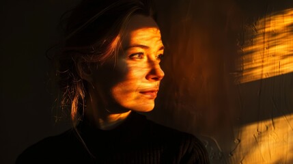 Poster - side lit image of a woman in her 40s, warm light, pro photography