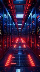 Wall Mural - Futuristic Sci-Fi Server Room With Glowing Red And Blue Lights