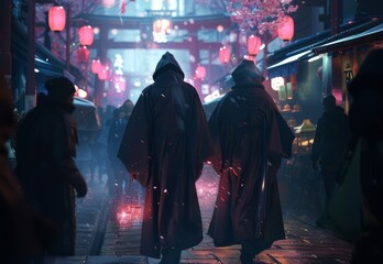 Wall Mural - two mysterious men in cloaks holding glowing magic gifts in front of a crowd in a market, fantasy world anime style