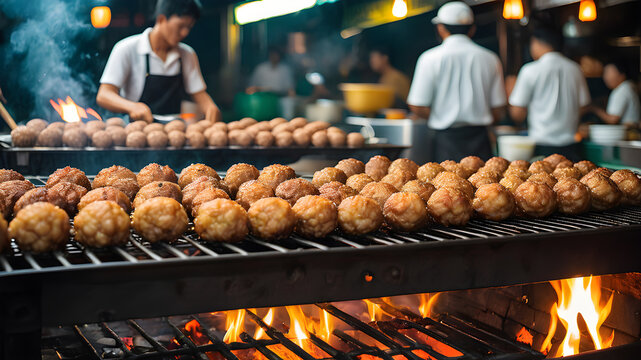 Pork ball grill Thailand street food. Generative AI