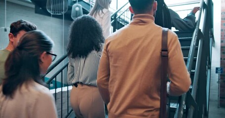 Aufkleber - Walking, group and business people in office on stairs for meeting, teamwork and collaboration. Creative company, modern building and men and women arrive in conversation, discussion and talking