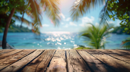 Wall Mural - Empty wooden table against a backdrop of a calm sea, palm leaves, and bokeh lights at a tropical beach, ready for your product display. Ideal summer vacation scene.