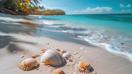 Wall Mural - A sunny tropical beach with turquoise waters sets the perfect scene for summer holidays, with seashells in the sand and a palm tree swaying gently.