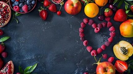 Wall Mural - Food background with assortment of fresh organic Fresh fruit. Empty space heart shape in the center for text