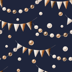 Wall Mural - Birthday seamless pattern with garland of brown and beige flags, balls, silver and gray foil balloons. Watercolor hand drawn illustration isolated on background. Holiday and festive e