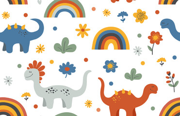 Sticker - Seamless abstract pattern with hand drawn dinosaurs dino flowers