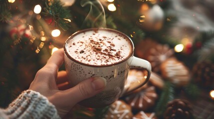 Female hand holding a cup of hot cocoa with Christmas decorations in the background. Concept of holiday season, festive drinks, cozy winter moments, and warmth