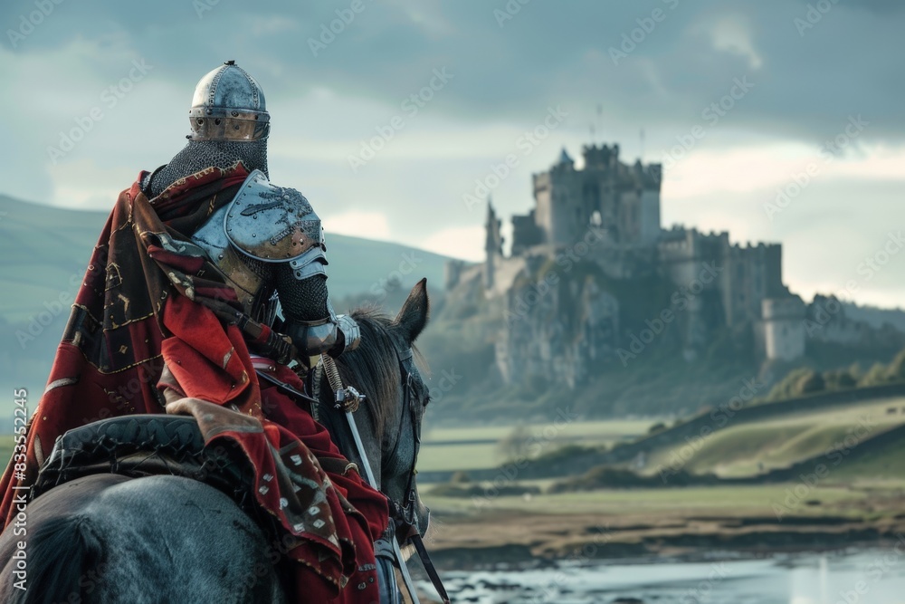 Medieval knight with armor on a horse, castle and a rural landscape in ...