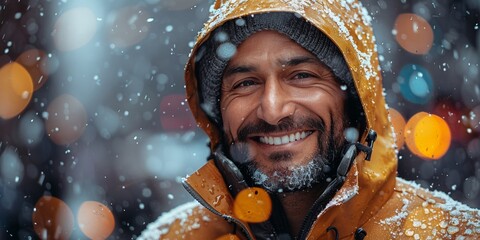 Wall Mural - In a snowy urban landscape, a mature man smiles, embracing the cold winter adventure.