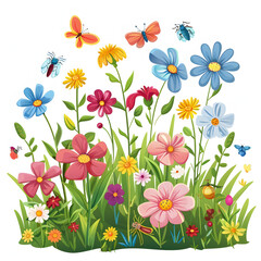Wall Mural - Colorful meadow and garden flowers with insects isolated on white background, png
