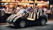 © starush - A car made out of sushi rolls and a table in the background, AI