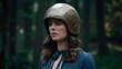 © starush - A woman with a helmet on her head standing in the woods, AI