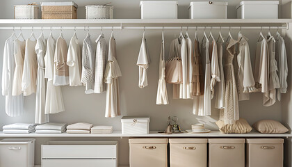 Organized wardrobe with neutral-toned casual attire hung on white rails, featuring dresses, shirts, and blouses in beige and light brown, creating a minimalist aesthetic