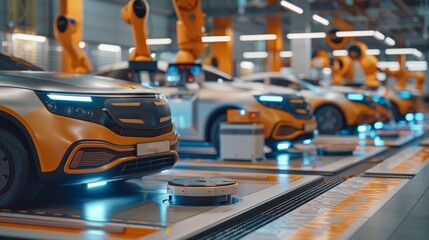 Wall Mural - A finished passenger car goes on an automated conveyor belt at an automobile factory