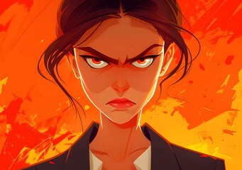 Wall Mural - Angry Woman With Red Eyes And Orange Background