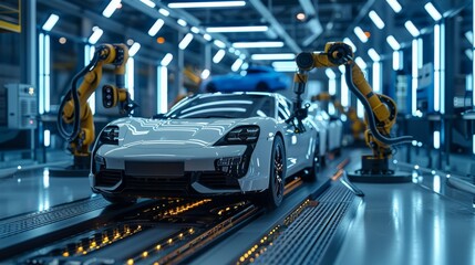 Wall Mural - A finished passenger car goes on an automated conveyor belt at an automobile factory